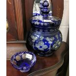 Bohemian blue glass overlay Punch Bowl 34cm with cover & a similar Dish (2)