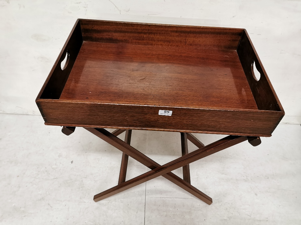 Early 20thC Mahogany Butlers Tray with integral handles, on a folding stand, 72cm x 48cmW x 93cmH - Image 2 of 2