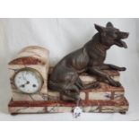 French Mantel Clock in a beige and red stepped marble base, strikes on bell, with large mounted