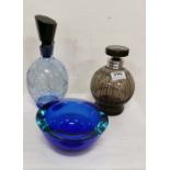 3 x 1950’s Pieces Glassware – Blue Patterned Decanter with Stopper, Murano Glass Bowl (16cmDia),