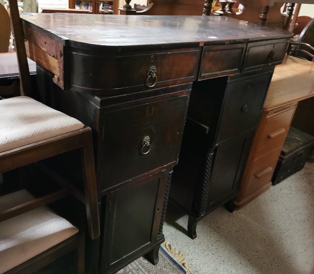 Mid 19thC Mahogany Pedestal Sideboard, the central bowed centrepiece with a pedestal on either