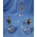 Tall Baccaret Vinegar Bottle with a cut stopper 18cmH & a Pair 19thC Silver Plate Topped Scent