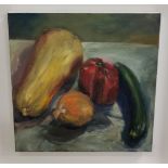 MICHAEL HALES, Oil on Canvas, Still Life, Vegetables, 42cm x 42cm, mounted on larger frame