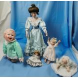 5 X part-Porcelain Dolls, including 3 miniatures, an Edwardian lady (“Sandra”) & a Yolanda Bello