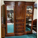 Edwardian large inlaid mahogany Wardrobe, 2 mirror doors at either side of bowfront cabinet and 4