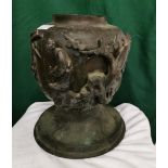 Oriental Bronze Plant Pot, embossed with figure of an Oriental Man and blossom trees, 30cmh x (