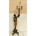 Late 19th C Blackamoor Figure, supporting an ornate 5 branch light, highlighted gold costume,