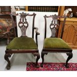 Matching Set of Six 19thC Mahogany Dining Chairs, including a pair of carvers, the central