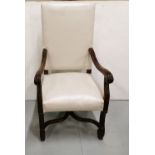 19thC Italian Walnut Armchair, with curved arms and scrolled feet, recently re-upholstered with