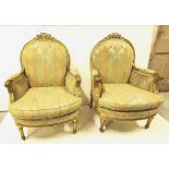 Matching Pair of carved giltwood framed Drawing Room Chairs, acanthus carved pediments and arms,