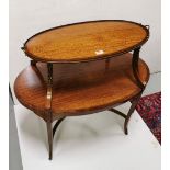 Edwardian satinwood inlaid 2 tier oval tops Occasional Table, gilt mounts to borders and supports,