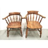 Similar Pair of Pine Captains/Smokers Bow Armchairs, with spindle shaped backs and legs, both in
