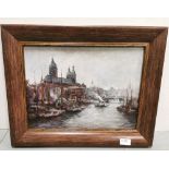 Russian Oil on Canvas, signed by the artist, Boats in Ottaman Harbour, 29 x 38cm, in an oak frame