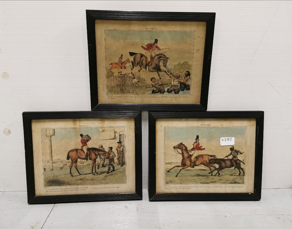 Set of 3 comical Antique Hunting Lithographs “Notions”, in ebony frames, 25cm x 32cmW