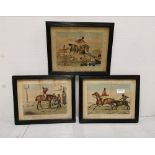 Set of 3 comical Antique Hunting Lithographs “Notions”, in ebony frames, 25cm x 32cmW