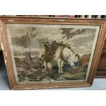 Large early 20thC framed needlepoint, featuring a white pony with a child, timber cutting in the