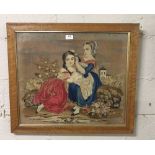 19thC needlepoint, girls braiding hair, 52 x 60cm, in a maple frame