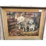 Oil on Board, a Donkey and her foal in a Stable with a dog, signed on right, “Long 77”, 35 x 45cm