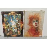 2 modern Russian Oil on Canvas Paintings, signed verso – Greek Village & the head of a Clown (both