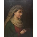 19th C Oil on Canvas, portrait of a female saint wearing a gold rimmed white shawl and green