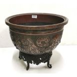 Bronze Orientally-Styled Flower Bowl/Vessel, (hollow base), on a leaf decorated 5-footed wooden