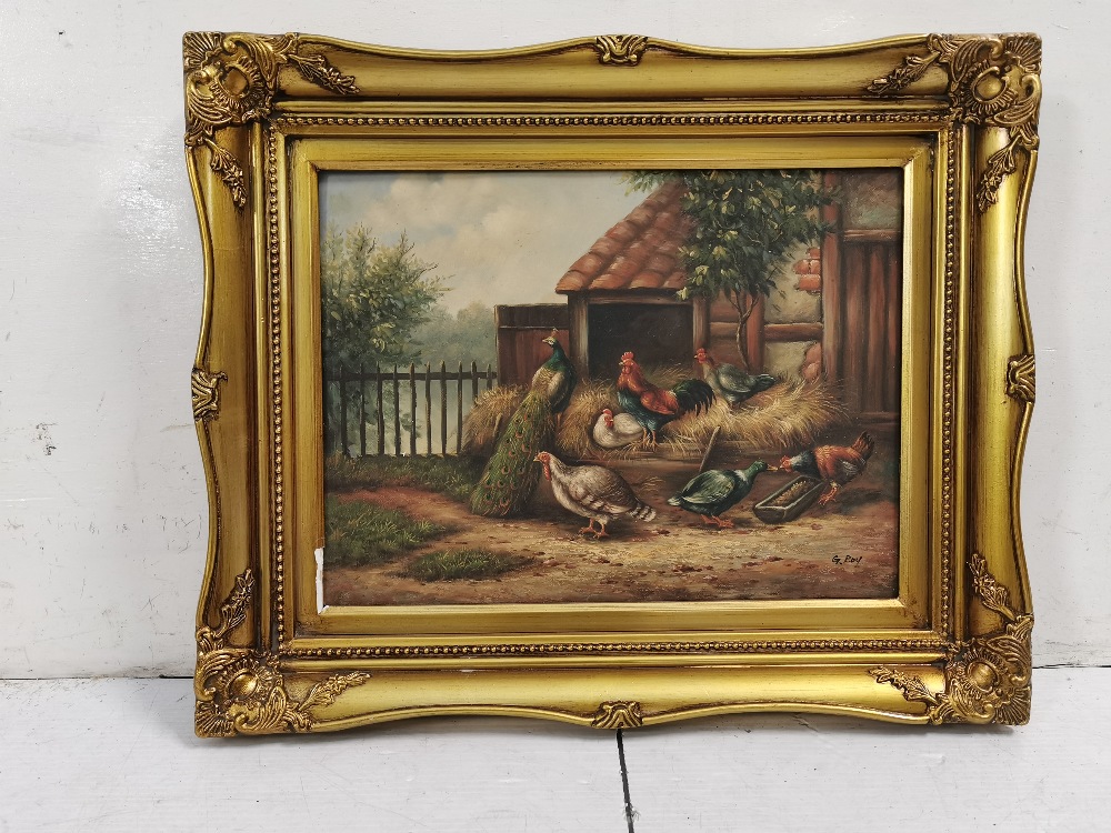 Oil on Canvas – Study of feeding Farmyard Fowl with a Peacock, signed A Roy, 30 x 40cm, gold frame