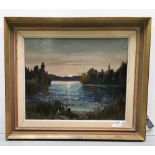 Dutch Oil on Board “Sunrise by the Lake”, signed T. Ahlm (T Rudolph Ahlm), 23 x 40cm, in a gold