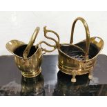 2 Brass Helmet Shaped Coal Buckets with handles, one on 4 paw feet 30cm x 20cm, one 19cm x 22cmh & 2