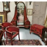 Red Cloisonné Chinese Bedroom Suite, 4 piece, including a dressing table and chest, both with hinged