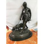 Bronze Model of a Hunter with working Dog, on an oval marble base, 66cmH x 53cmW