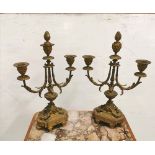 Matching Pair of 19thC 3-branch brass candelabra (part of a clock set) decorated with Grecian laurel