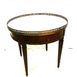 Low sized circular Drinks Table, with a white marble top, brass gallery, with 2 apron drawers and