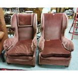 Pair of Fireside Armchairs, pink velour fabric, with feather seat cushions, on bun front feet