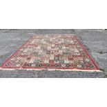 Large Red Ground Kashmir Carpet, all over Persian Panel Design, 2.8m x 3.8m