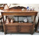 WMIV Mahogany Dumbwaiter, a carved pediment over 2 shelves, an apron drawer and a 2-door cabinet, on