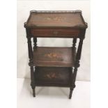 3-Tier Rosewood Etagere, floral inlay to all tiers, with a brass gallery and apron drawer, 42cmW x