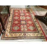 Terracotta Ground Handwoven Kazak Rug, traditional design, 2.1 x 1.55m (some wear)