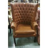 High button back Butler-style Armchair, brown p.u. fabric, 1.3mH