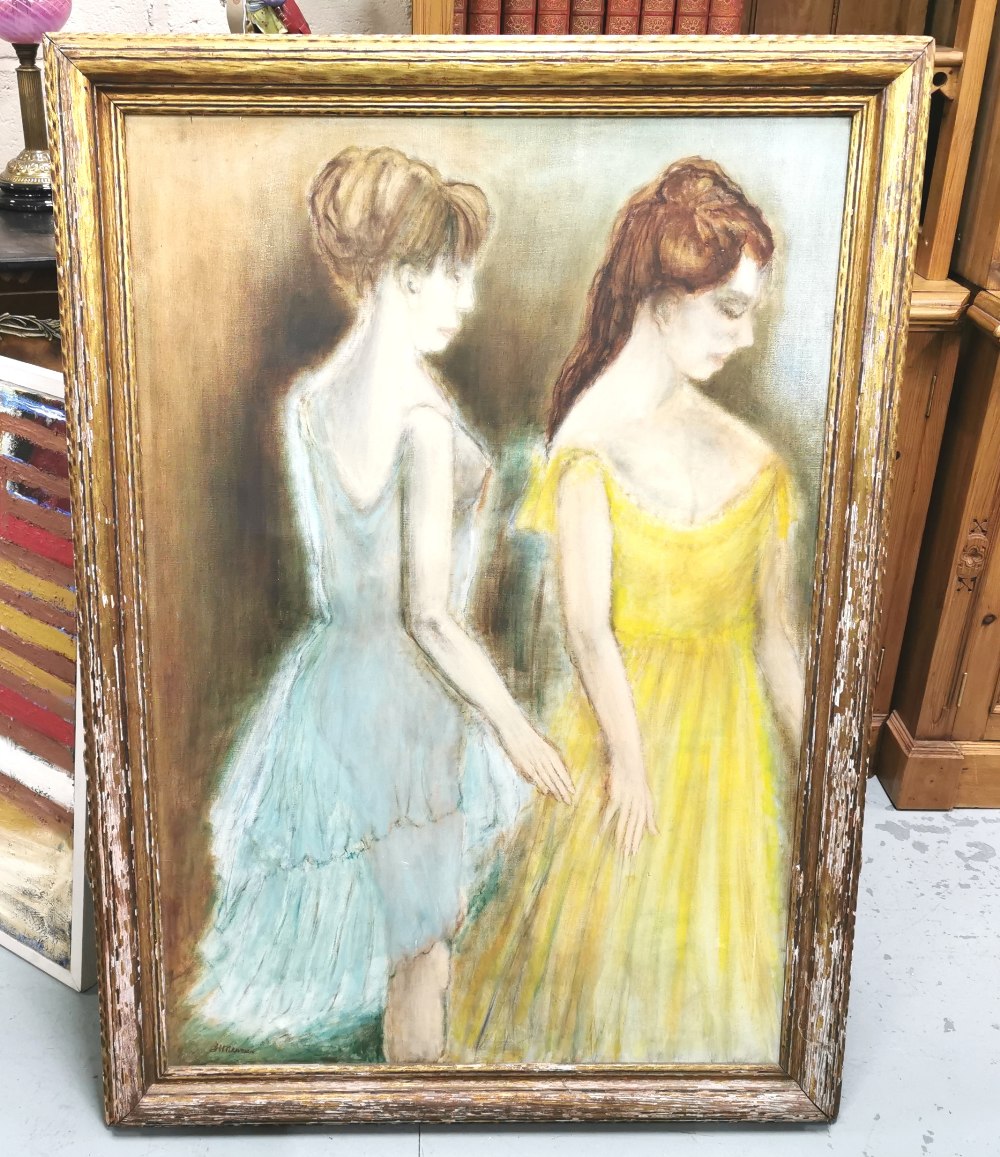 Oil on Canvas – Study of Two Ladies – one wearing a yellow dress, one wearing a blue dress, signed J