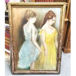 Oil on Canvas – Study of Two Ladies – one wearing a yellow dress, one wearing a blue dress, signed J
