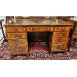 Kneehole Writing Desk with line inlay with tooled green leather top, brass drop handles, polished,