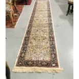 Ivory Ground Kashmir Runner, Tree of Life Design, blue borders, 0.8m x 4m