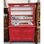 Georgian Irish Pine Kitchen Dresser, painted white/red with heart design gallery fretwork, 2