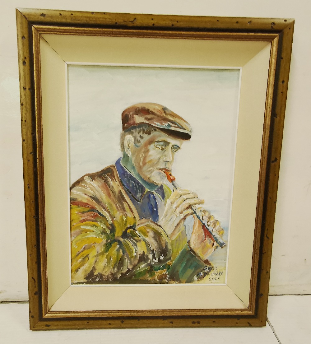 Oil on Board “Tin Whistler” signed by the artist Sean McDermott dated 2001, 39cmH x 29cmW, mounted