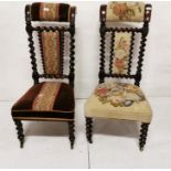 A similar pair of Victorian rosewood framed Prie Dieu Chairs, one with a parrot needlepoint pattern,