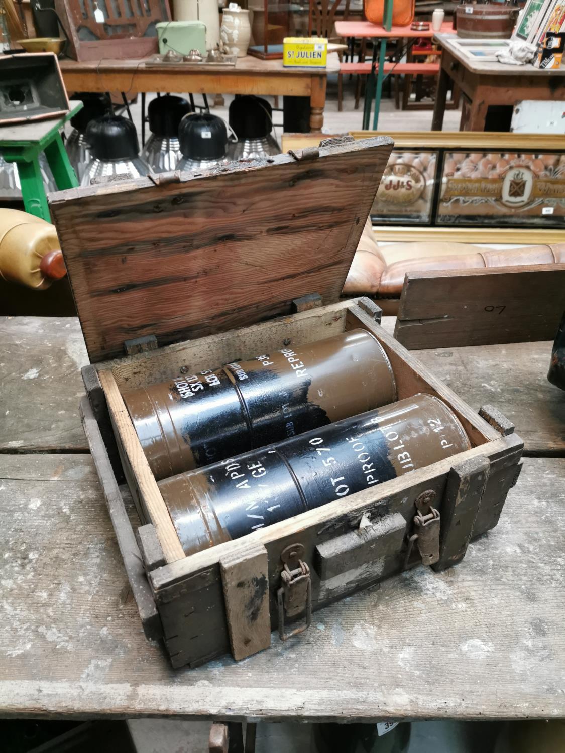 Wooden ammunition box complete with tins.