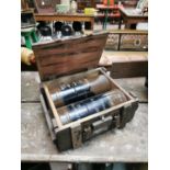 Wooden ammunition box complete with tins.