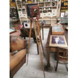 Mahogany and Brass Camera on Tripod Base.