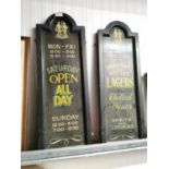 Pair of wooden pub notice boards.