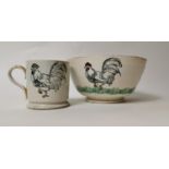 19th. C. pudding bowl with transfer rooster and matching mug.